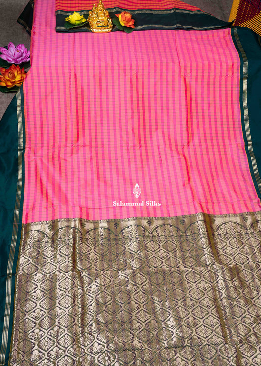 9 Yards Semi Silk Saree Pink & Dark Peach Colour with Bottle Green Double Border