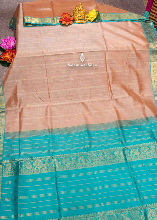 Dark Sandal Pure Silk Cotton Saree With Sapphire Green Blouse