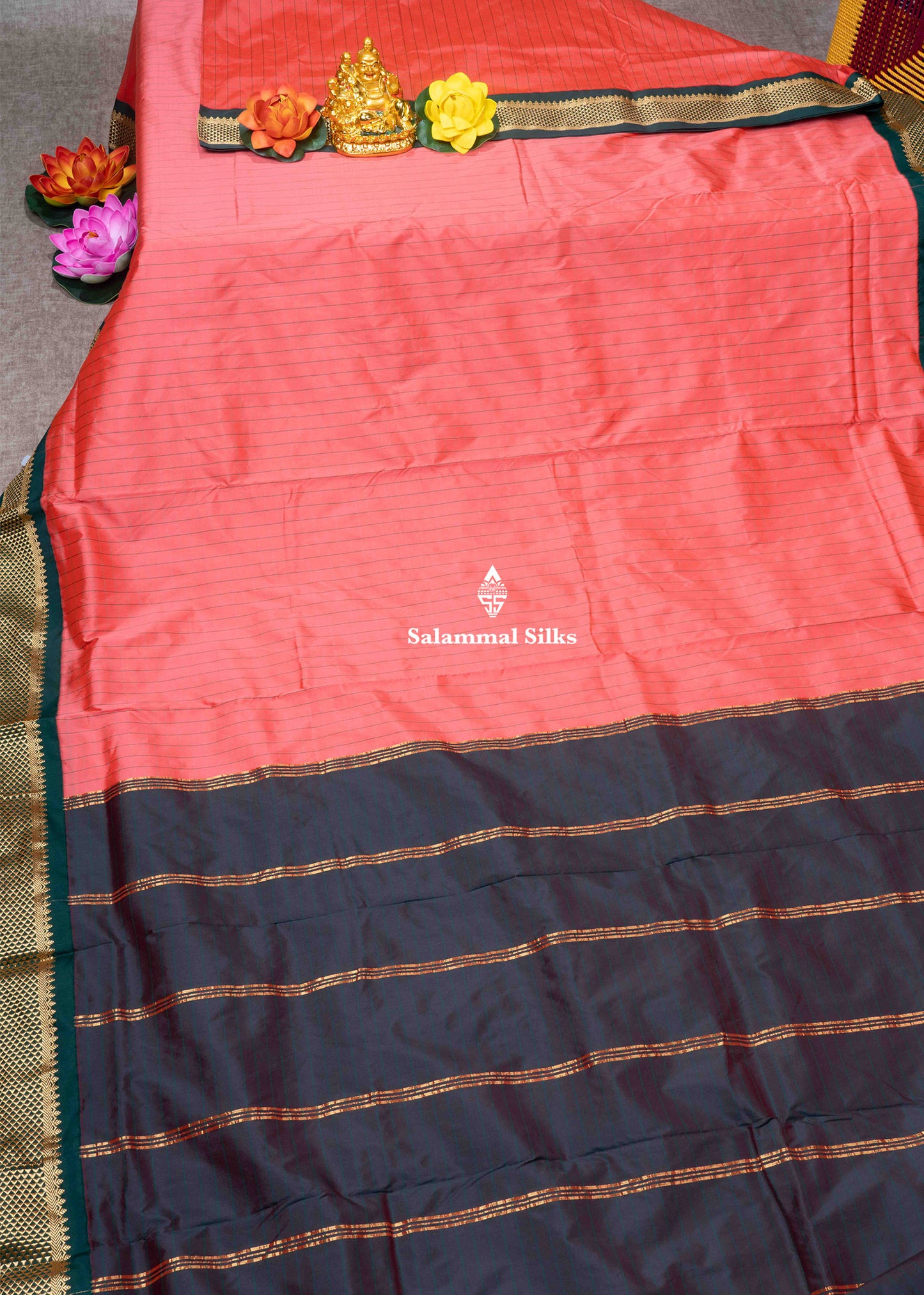 9 Yards Semi Silk Saree Peach Pink Colour with Bottle Green Border