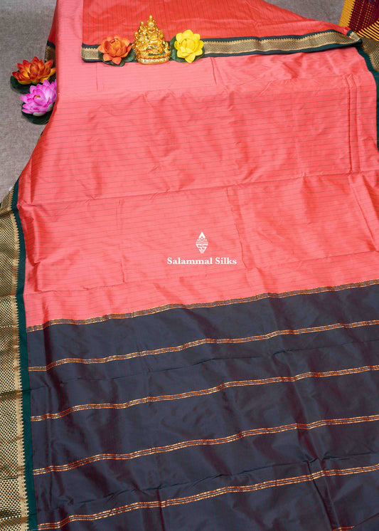 9 Yards Semi Silk Saree Peach Pink Colour with Bottle Green Border
