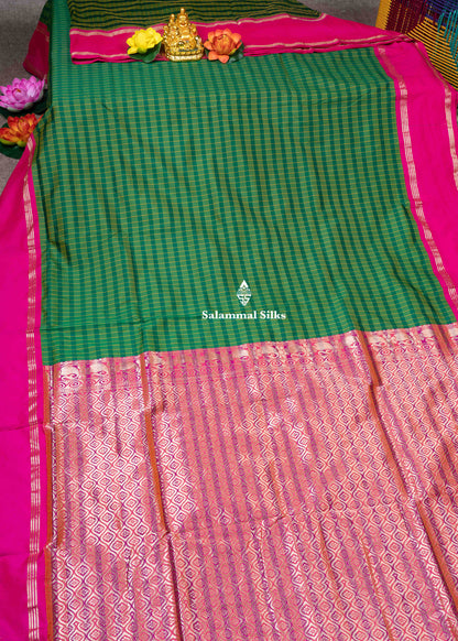 9 Yards Semi Silk Saree Parrot Green & Green Colour with Pink Double Border