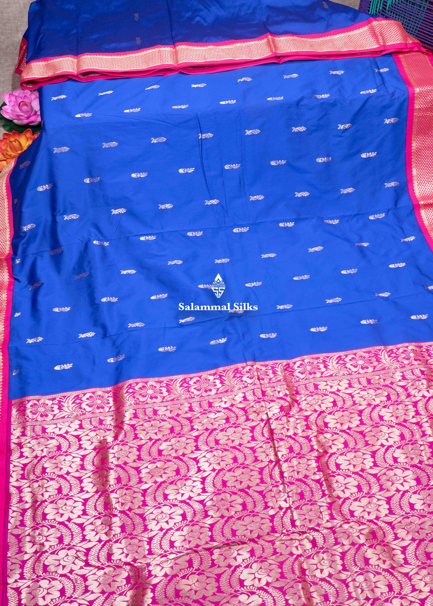 9 Yards Semi Silk Saree Pink Colour with Royal Blue Border