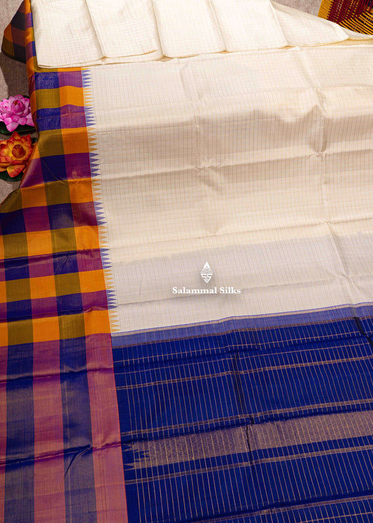 Kanjivaram White Zari Checks Pure Silk Saree With Paalum Pazham Kattam Border