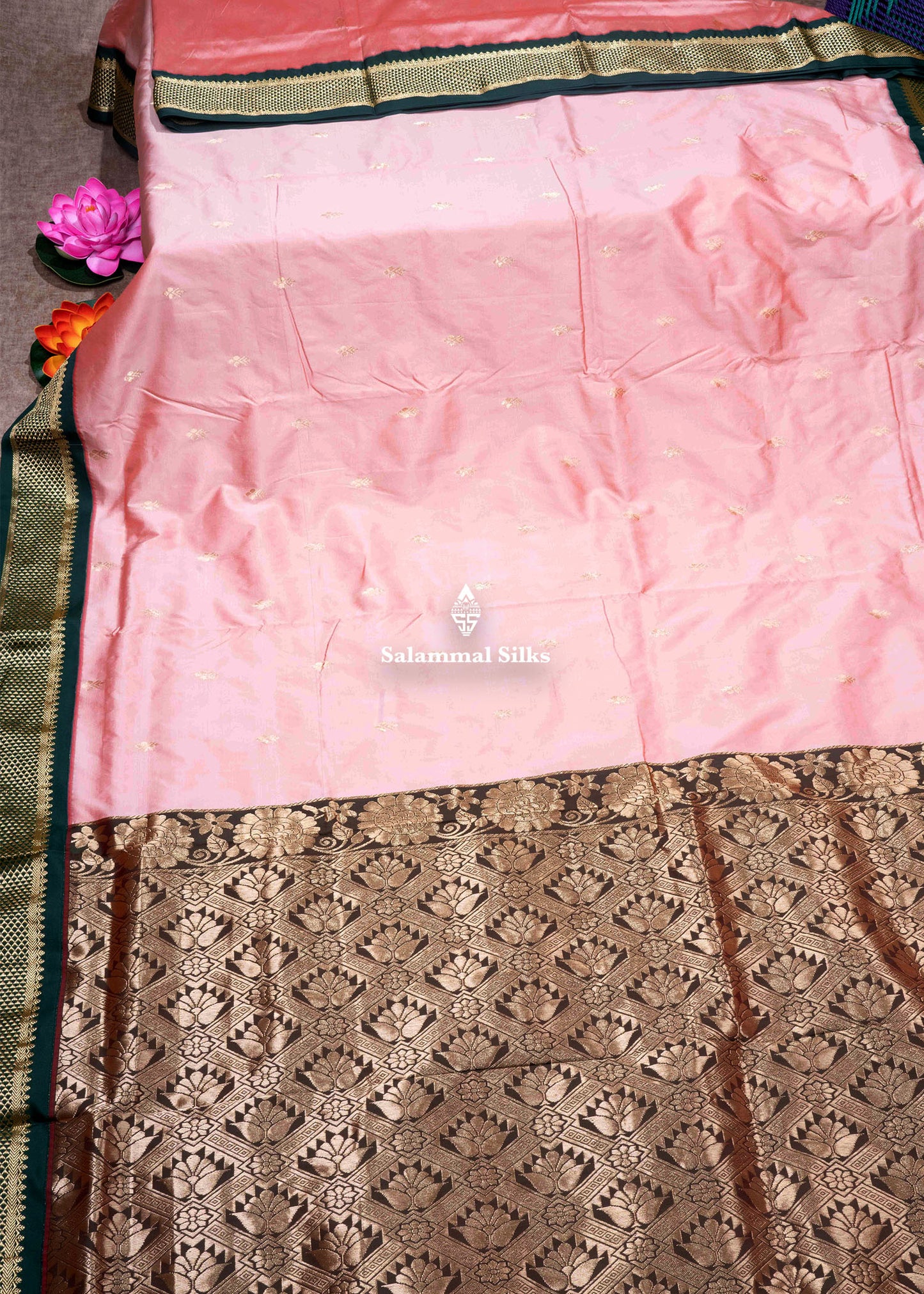 9 Yards Semi Silk Saree Pink Colour with Royal Blue Border