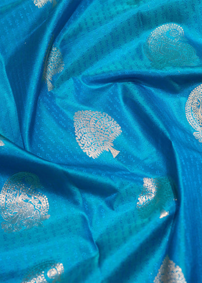 Peacock Blue Pure Kanjivaram Silk Saree With Violet Border
