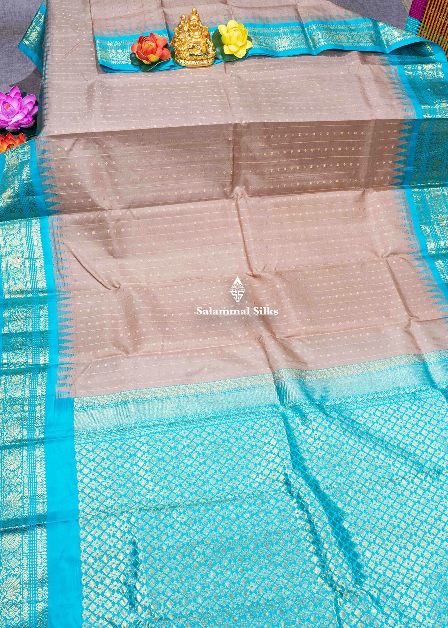 Kanjivaram Light Brown Pure Silk Saree With Sapphire Green Blouse