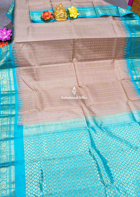 Kanjivaram Light Brown Pure Silk Saree With Sapphire Green Blouse