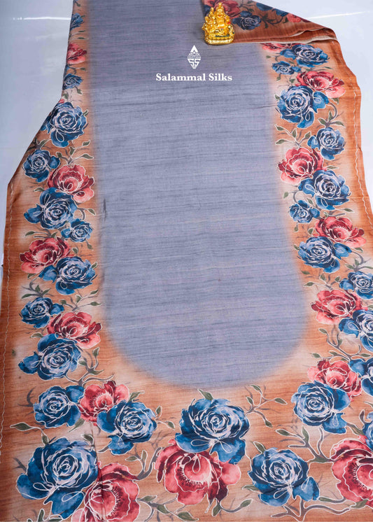 Gray Semi Tussar Fancy Saree With Onion Brown Blouse