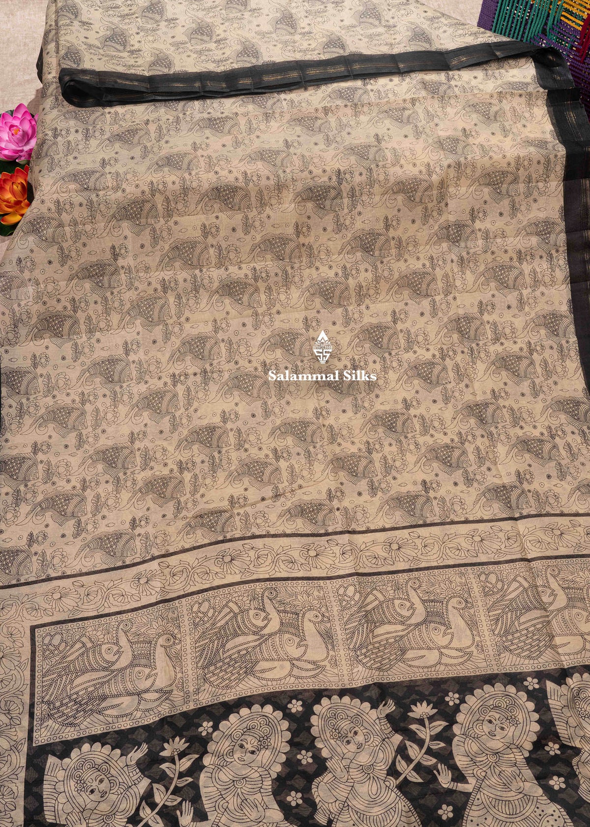 Sandal Colour Fish Print Linen Mix Saree With Black Blouse