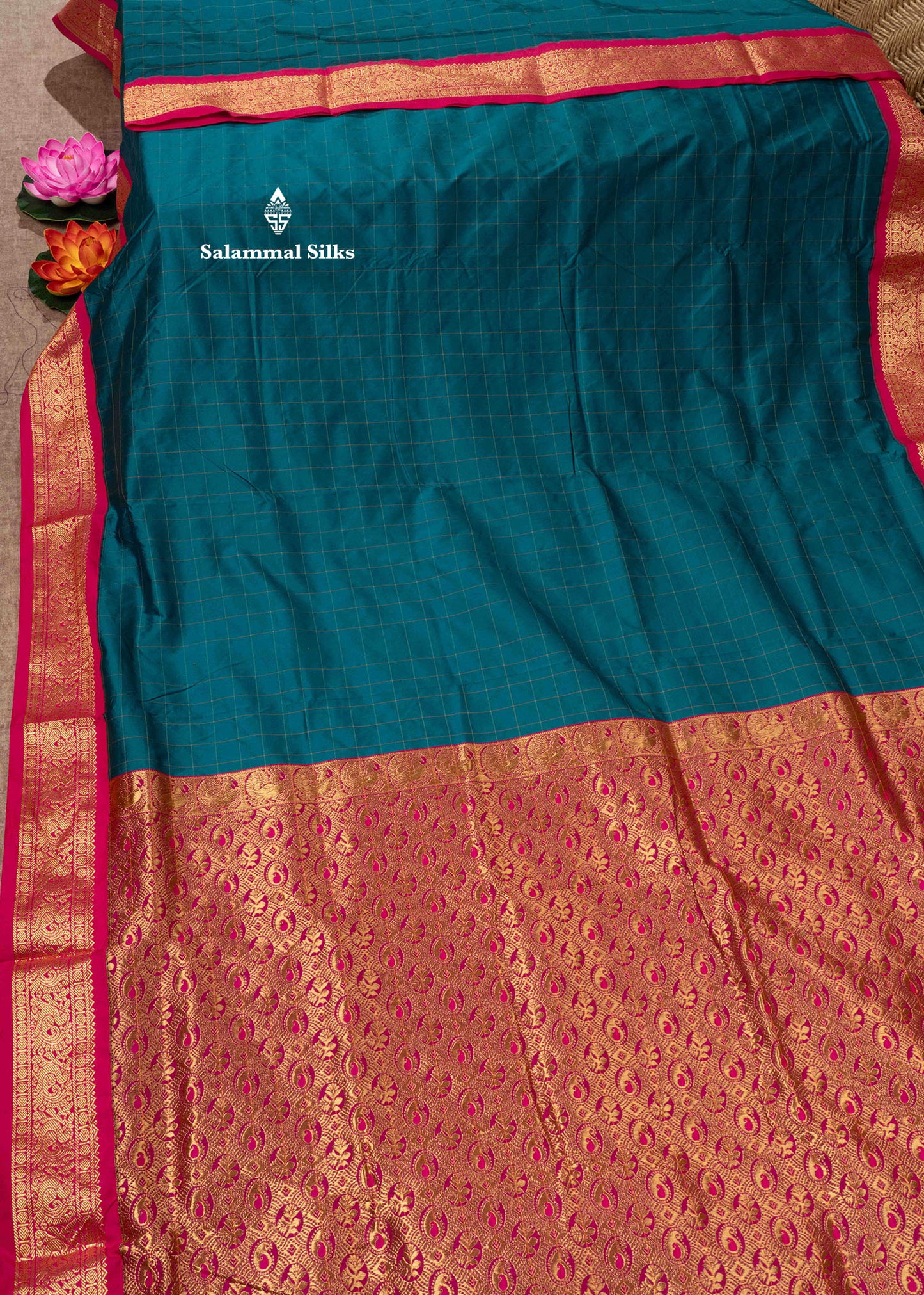 9 Yards Semi Silk Saree Army Green Colour with Pink Border