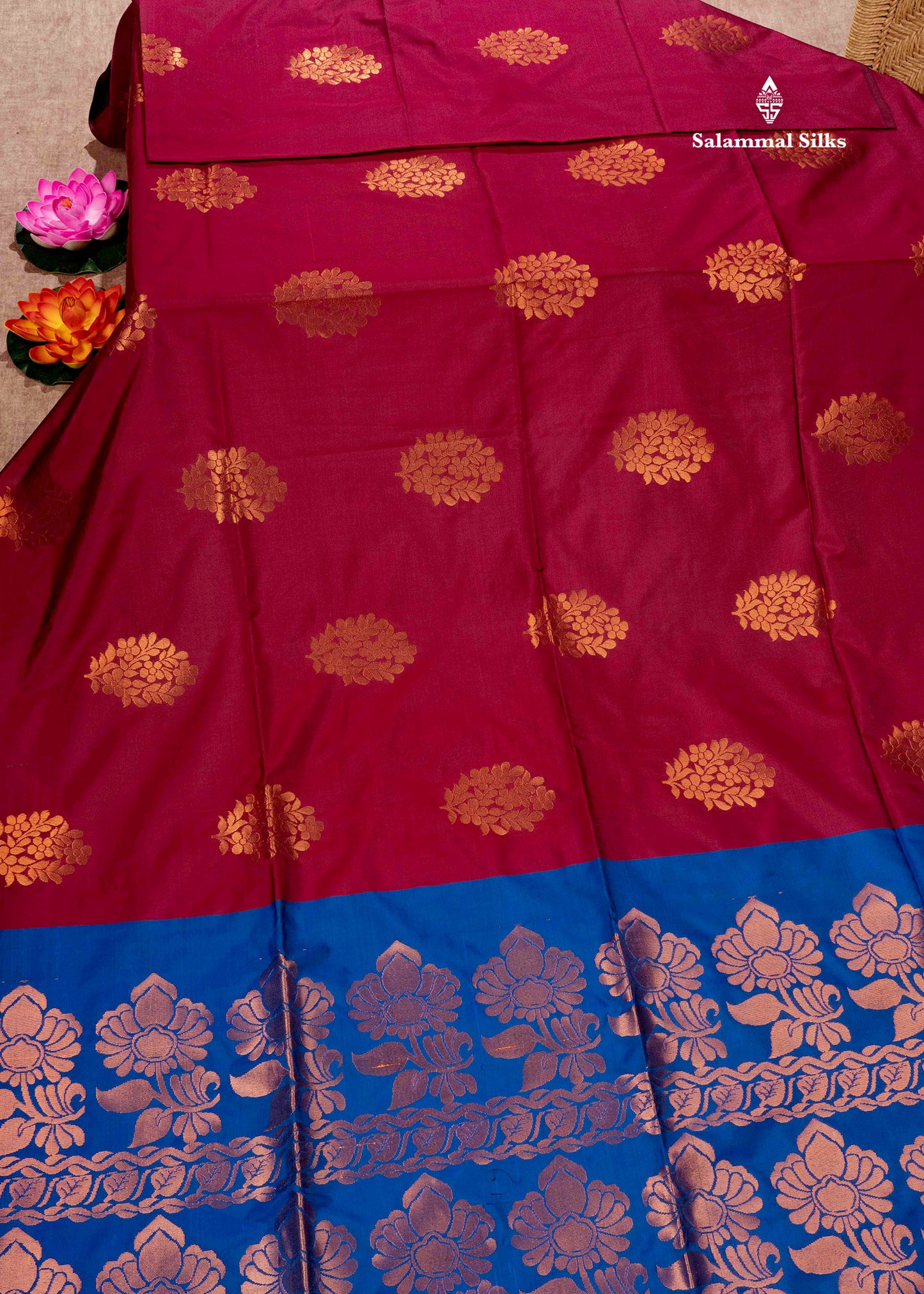 Maroon Colour Semi Soft Silk Saree With Royal Blue Blouse