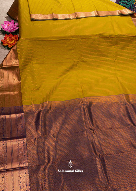 Olive Mustard Yellow Semi Silk Saree With Navy Blue Blouse