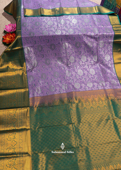 Lavender Semi Silk Saree With Sapphire Green Gold Zari Border