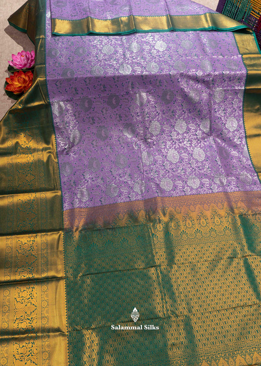 Lavender Semi Silk Saree With Sapphire Green Gold Zari Border