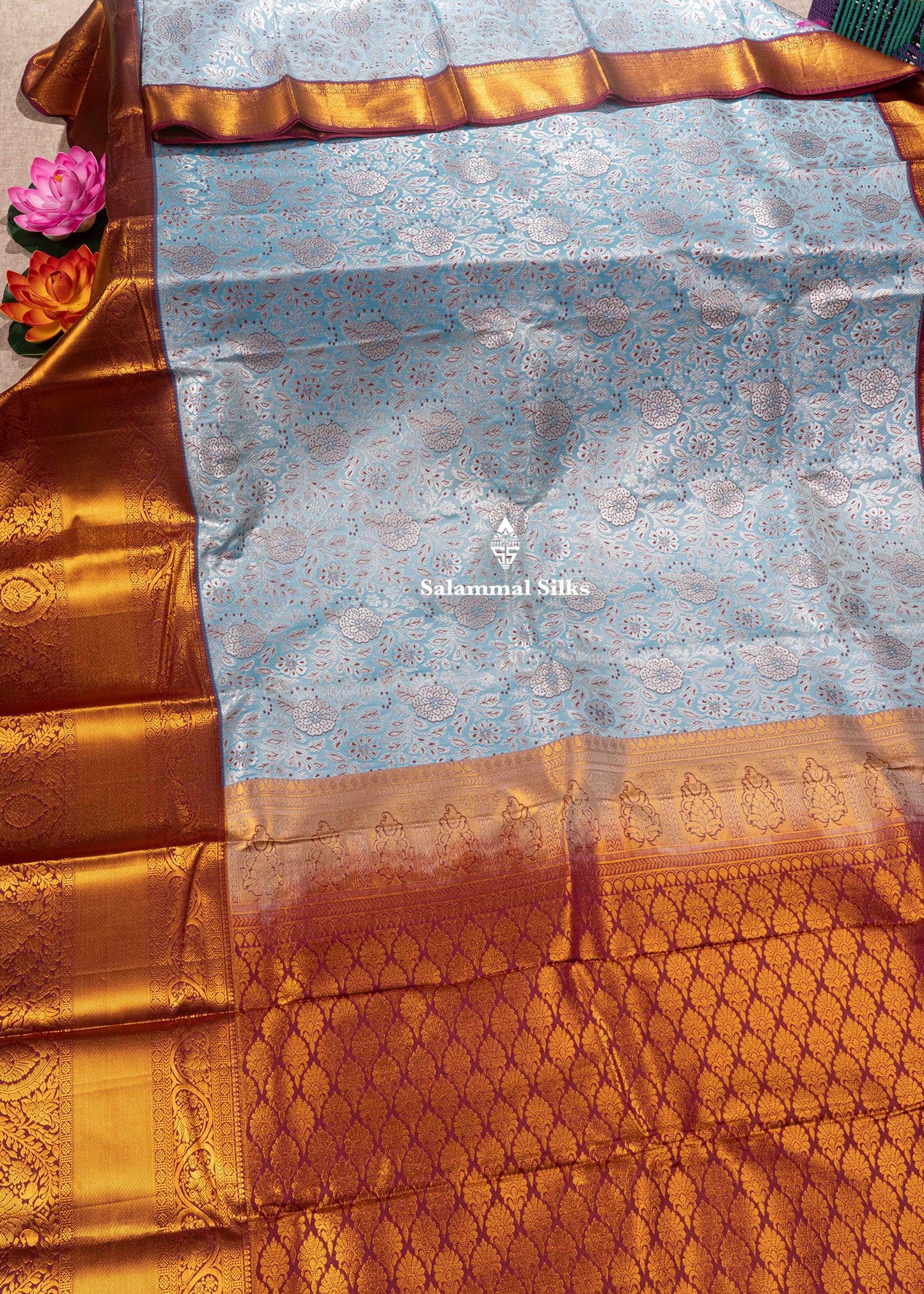 Ice Blue Semi Silk Saree With Maroon Colour Border