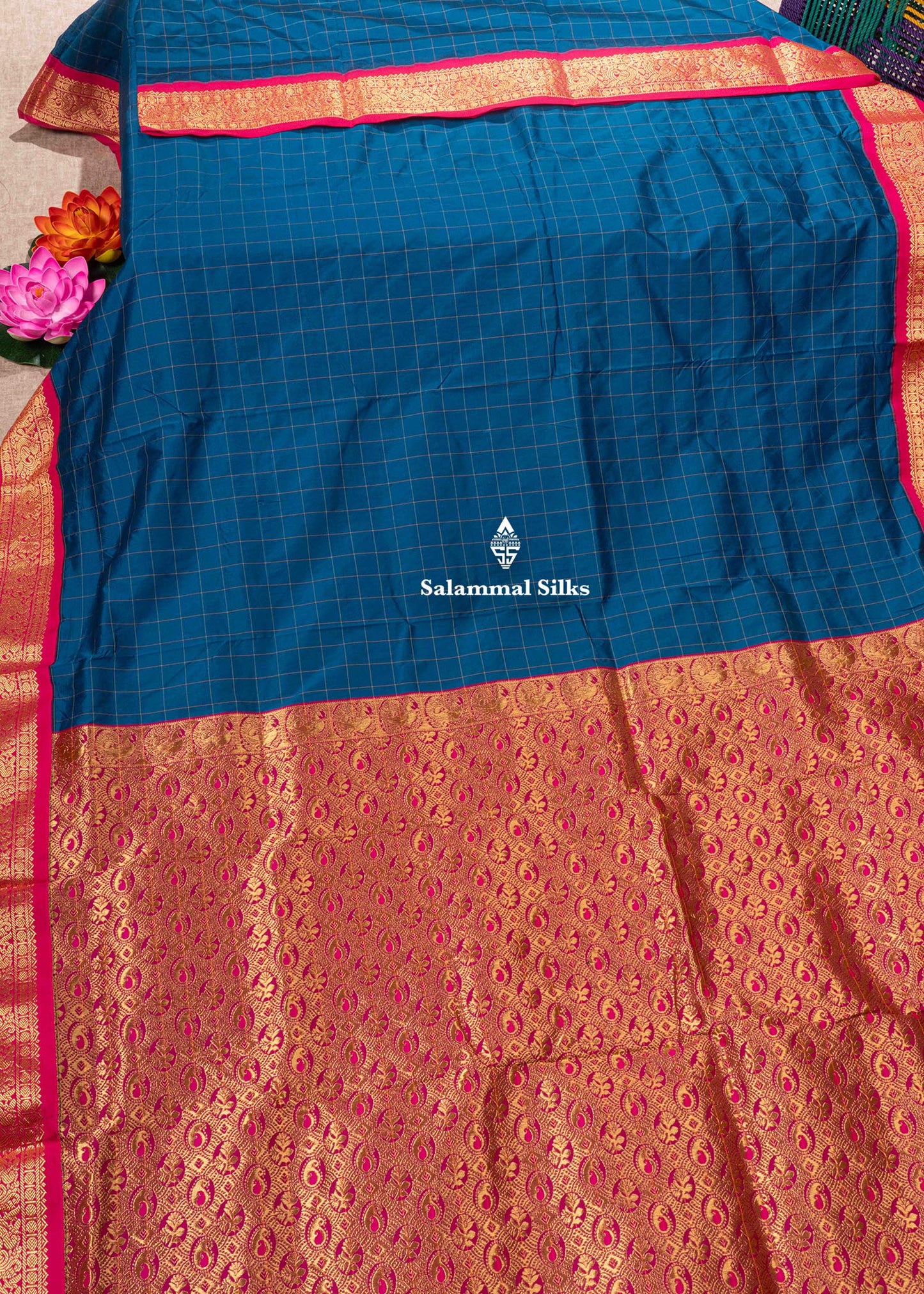 9 Yards Semi Silk Saree Army Green Colour with Pink Border