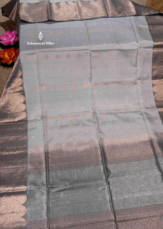 Pure Kanjivaram Light Grey Colour Soft Silk Saree With Copper Zari Border
