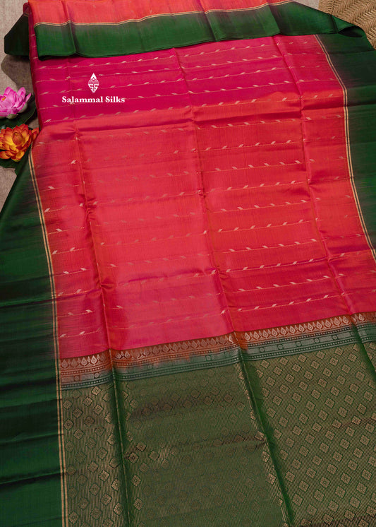 Pinkish Orange Pure Kanjivaram Soft Silk Saree With Bottle Green Border