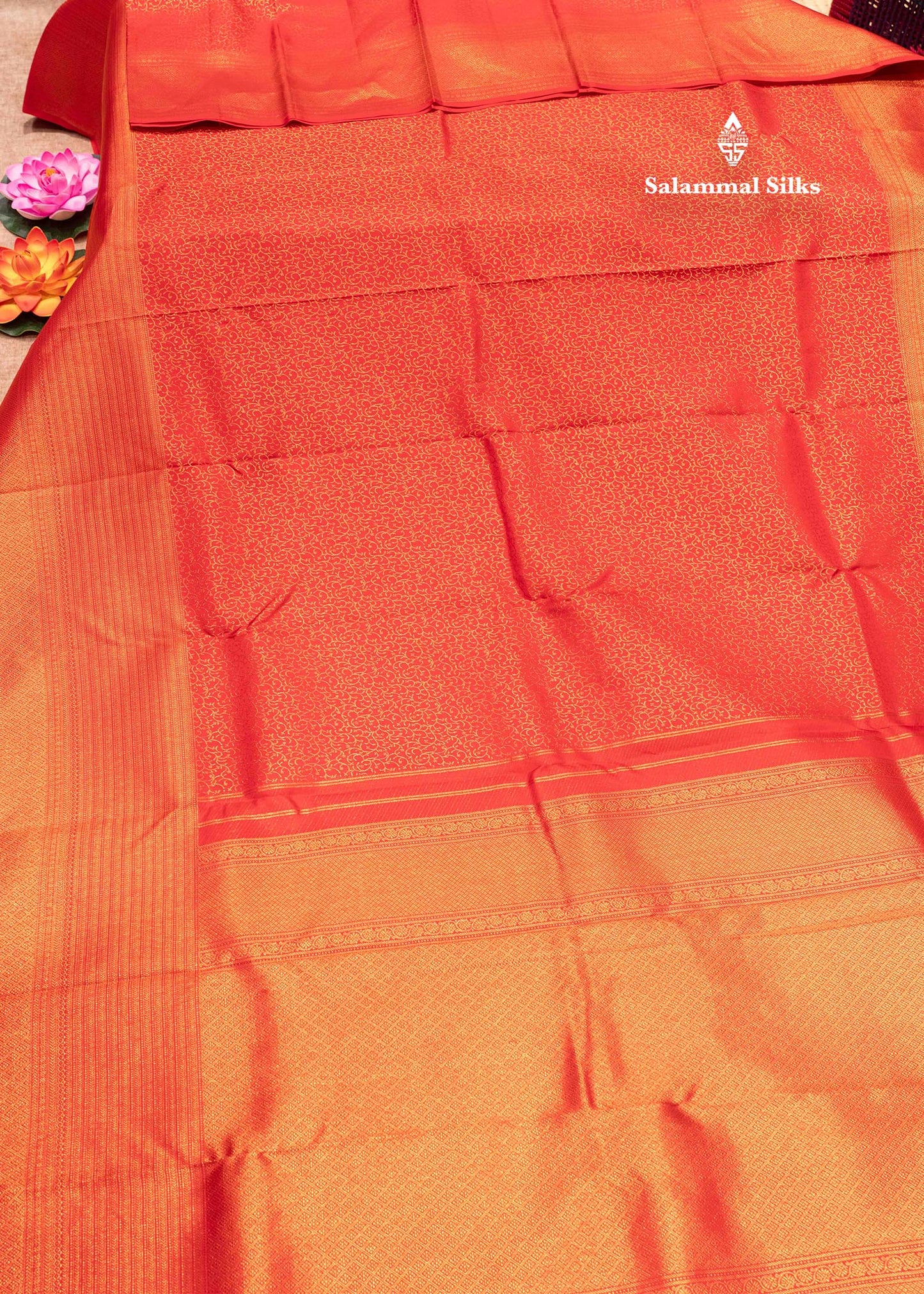 Tomato Red Colour Kanjivaram Pure Silk Saree with Copper Zari Long Border