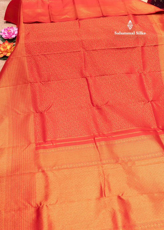 Tomato Red Colour Kanjivaram Pure Silk Saree with Copper Zari Long Border