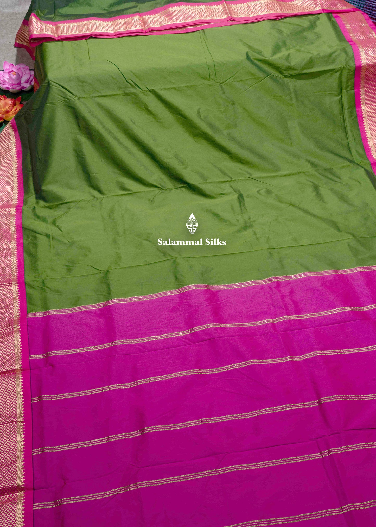 9 Yards Semi Silk Saree Pink Colour with Bottle Green Border