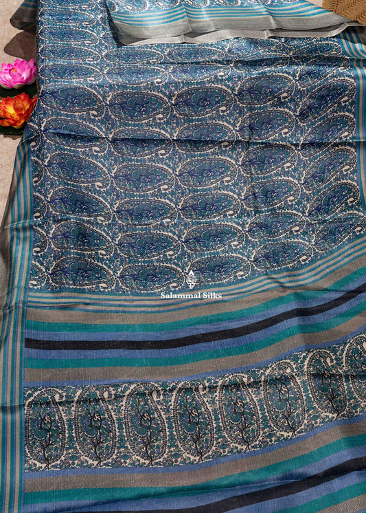 Ink Blue Colour Floral Design Semi Tussar Saree With Blouse