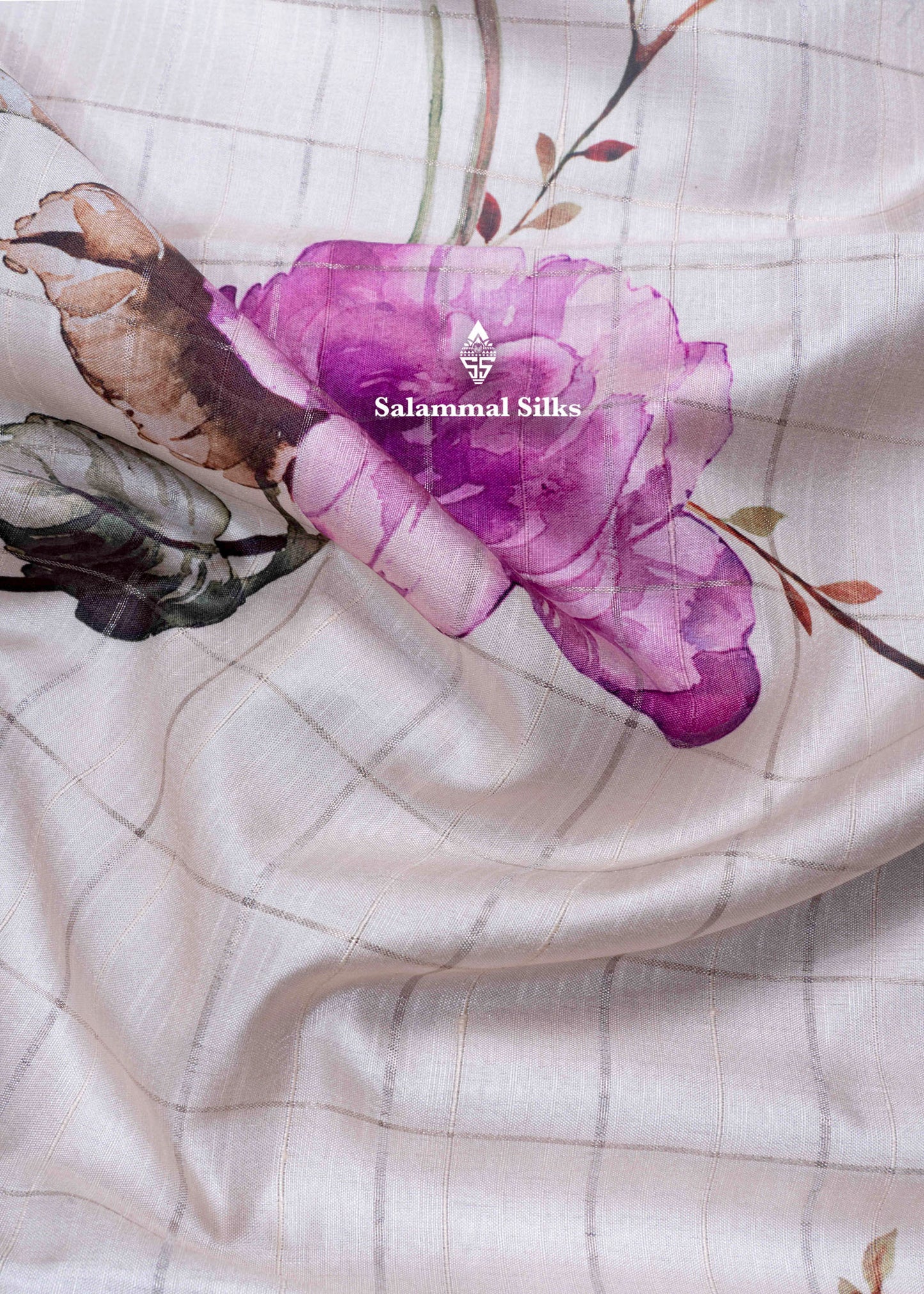 Cream Colour Semi Tussar Saree With Floral Prints & Zari Checks
