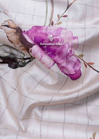 Cream Colour Semi Tussar Saree With Floral Prints & Zari Checks
