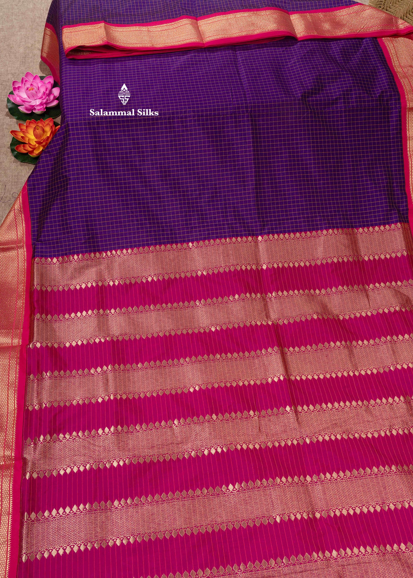 9 Yards Semi Silk Saree Violet Colour with Pink Border