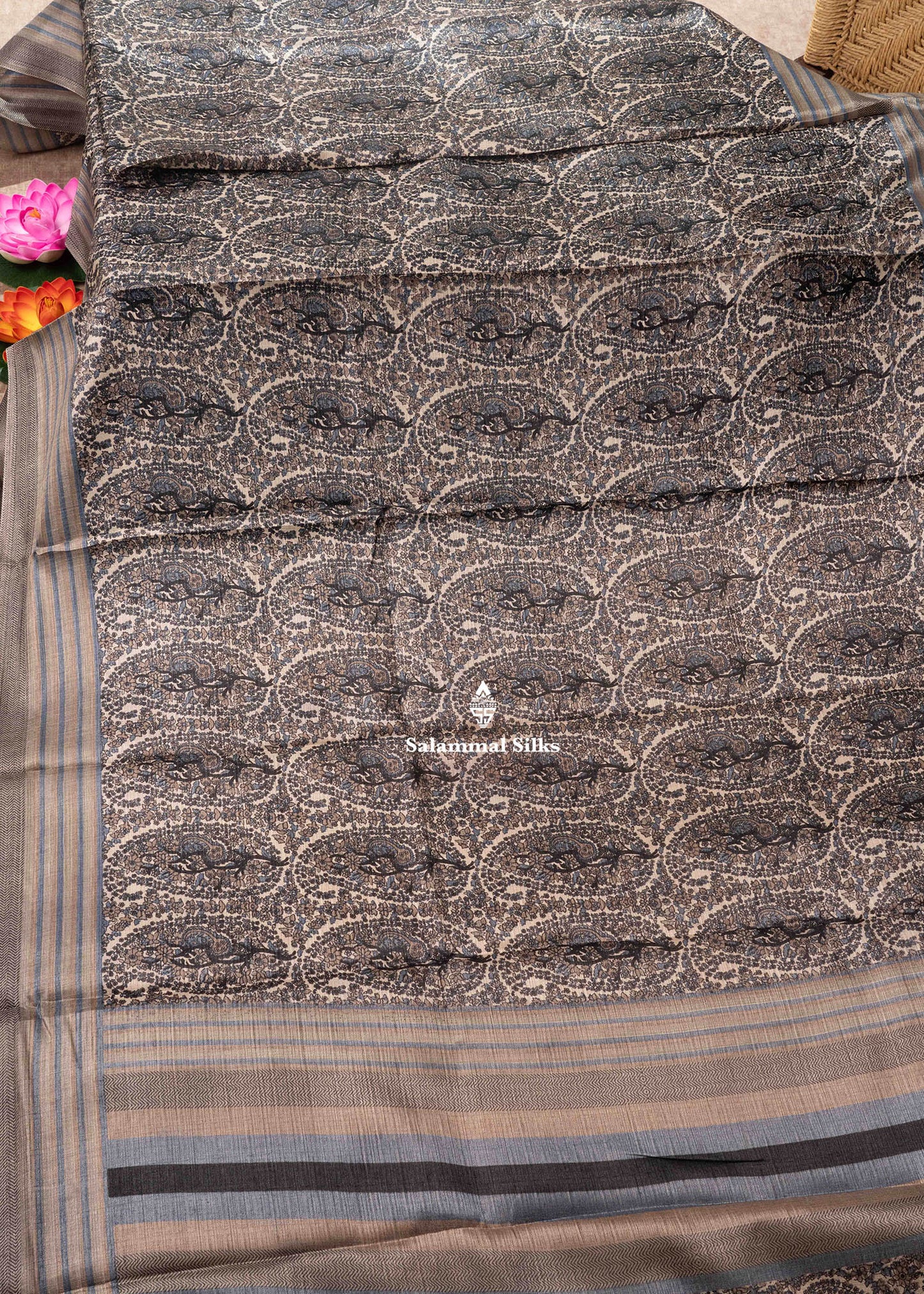 Ink Blue Colour Floral Design Semi Tussar Saree With Blouse