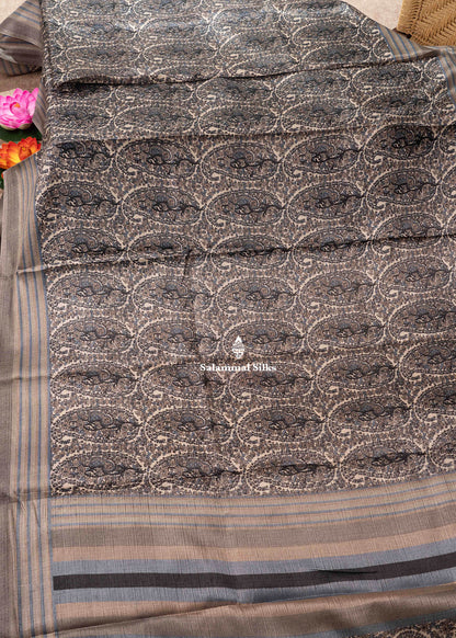 Ink Blue Colour Floral Design Semi Tussar Saree With Blouse
