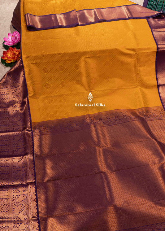 Mustard Yellow Semi Silk Saree With Violet Colour Border