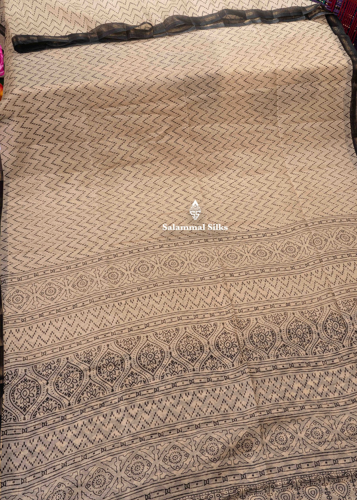 Sandal Colour Ikkat Print Linen Mix Saree With Black Blouse