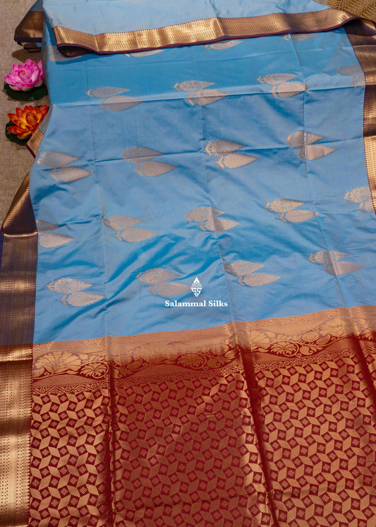 Pastel Blue Semi Soft Silk Saree With Maroon Colour Blouse