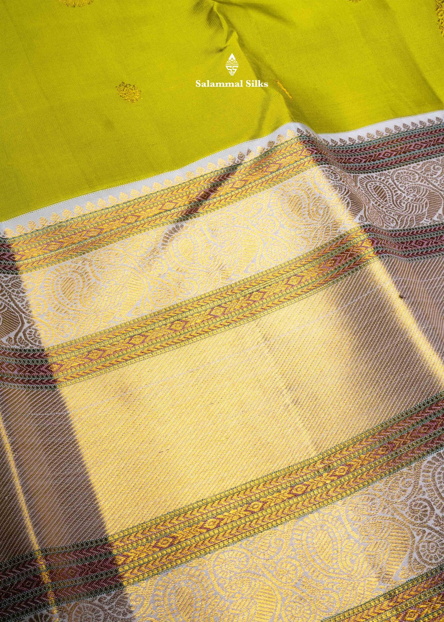 Kanjivaram Manthulir Yellow Pure Silk Saree With Half White Border