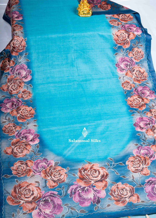 Peacock Blue Semi Tussar Fancy Saree With Blouse