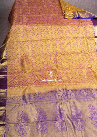 Kanjivaram Mustard Yellow Pure Silk Jacquard Saree With Violet Blouse