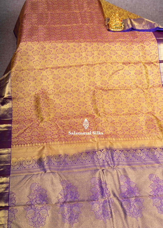 Kanjivaram Mustard Yellow Pure Silk Jacquard Saree With Violet Blouse