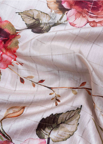 Cream Colour Semi Tussar Saree With Floral Prints & Zari Checks