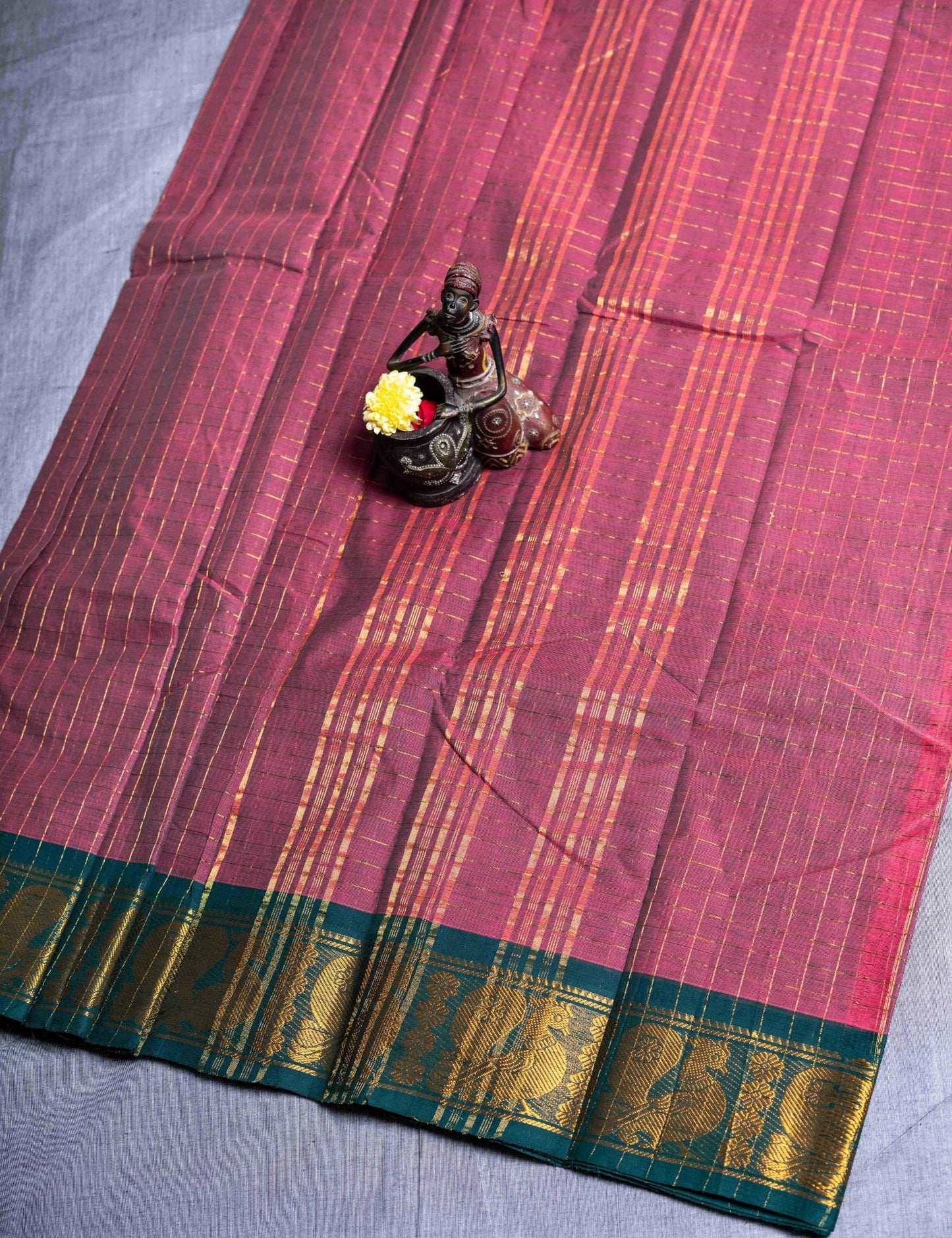 Kanjivaram Black Checks Pure Cotton Saree Without Blouse