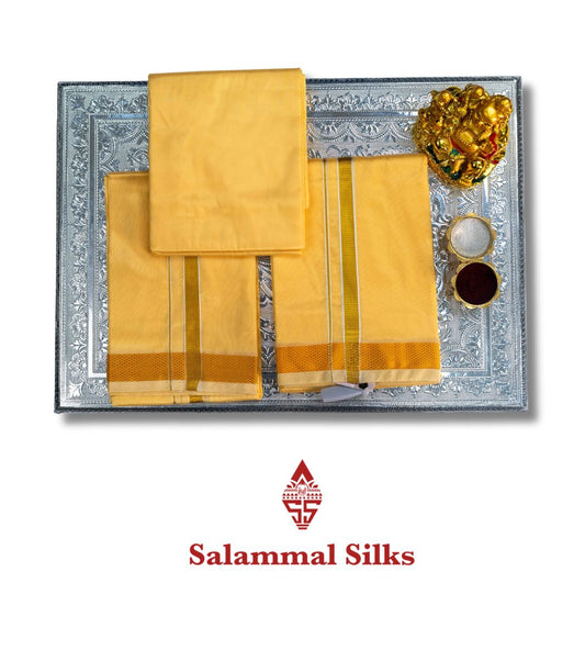 Sandal Semi Silk Dhoti, Angavastram & Shirt (2.50M) with Gold Zari Border