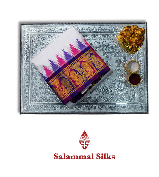 10 yards Kanjivaram White Traditional Pure Silk Dhoti, Angavastram with Ganga Jamuna Border
