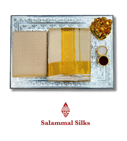 Sandal Pure Silk Dhoti, Angavastram & Shirt (2.50M) with Gold Zari Border