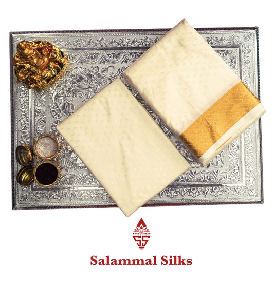 White Semi Silk Dhoti, Angavastram & Shirt (2.50M) with Gold Zari Border