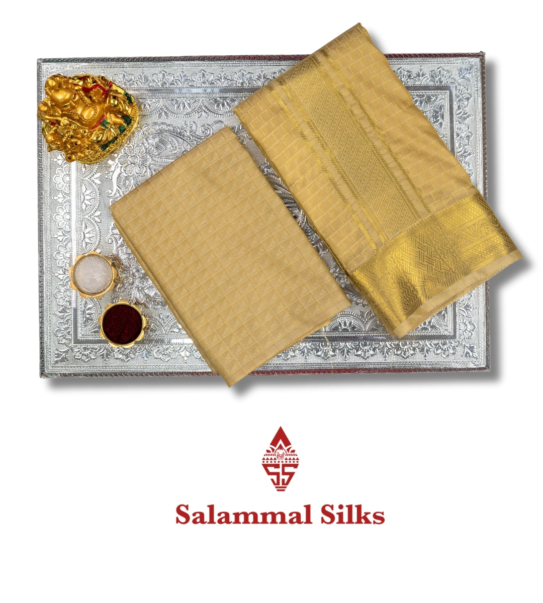 Light Peach Semi Silk Dhoti, Angavastram & Shirt (2.50M) with Gold Zari Border