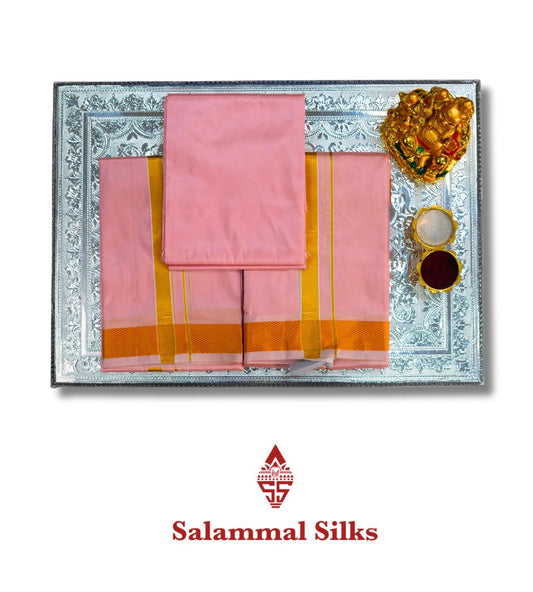 Pinkish Peach Semi Silk Dhoti, Angavastram & Shirt (2.50M) with Gold Zari Border