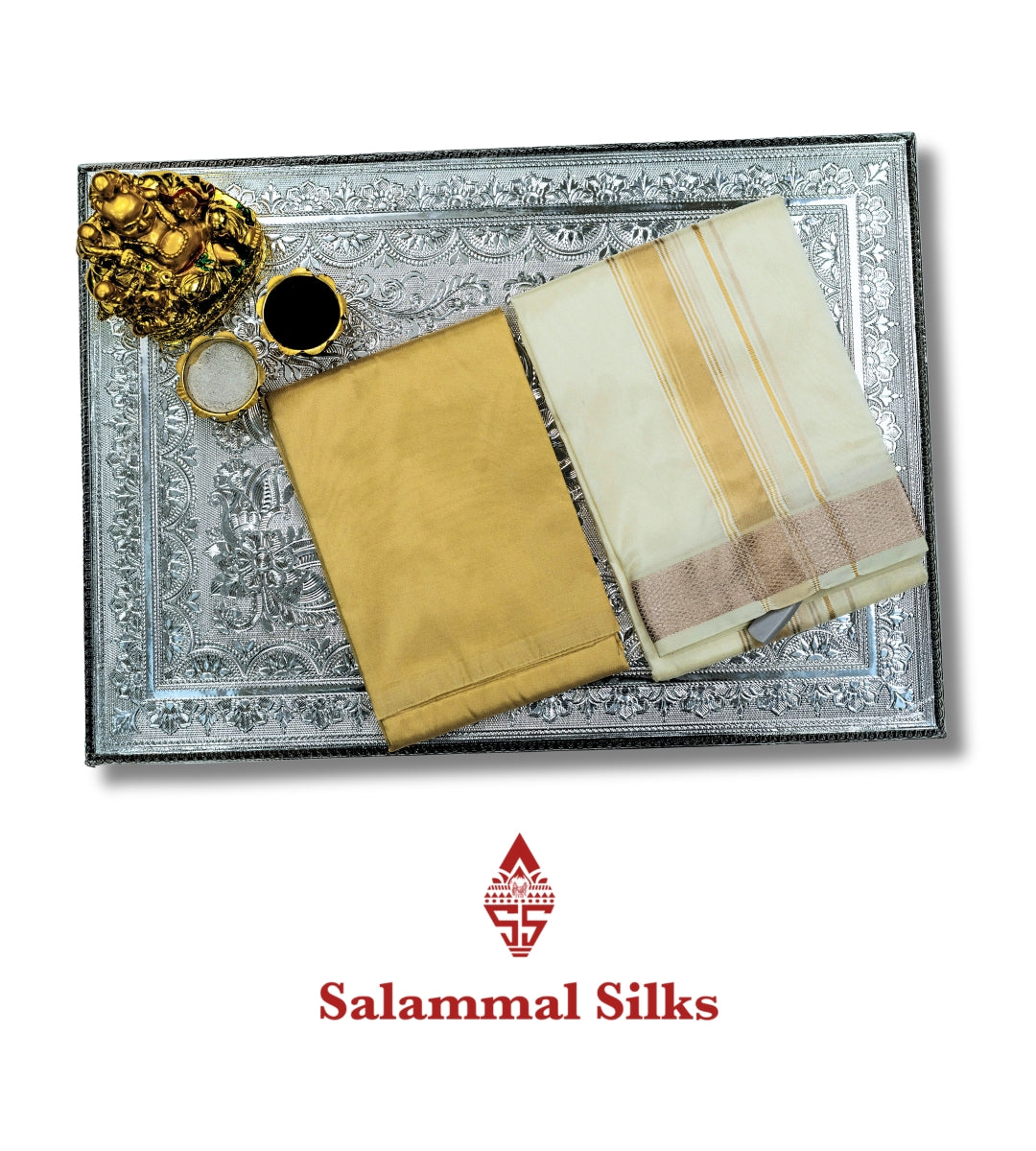 Half White Semi Silk Dhoti, Angavastram & Sandal Shirt (2.50M) with Copper Border