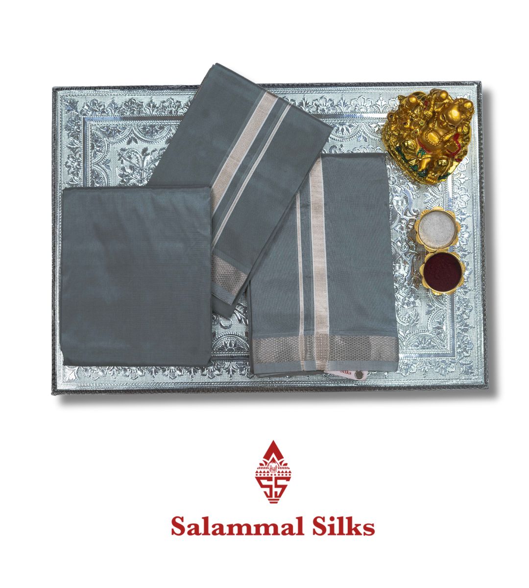 Grey Semi Silk Dhoti, Angavastram & Shirt (2.50M) with Silver Zari Border