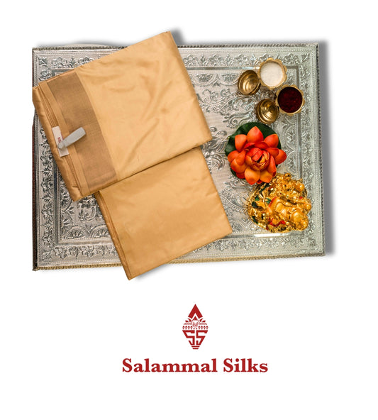 Sandal Pure Silk Dhoti, Angavastram & Shirt (2.50M) with Copper Zari Border