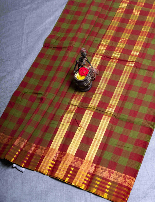 Kanjivaram Maroon And Green Checks Pure Cotton Saree Without Blouse